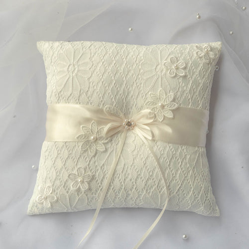 Embroidery Flower Satin Pearl Wedding Ring Pillow Ivory
