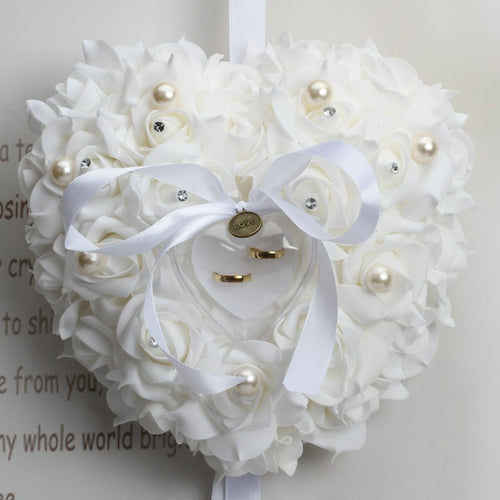 White Wedding Rose Rhinestone Ring Pillow